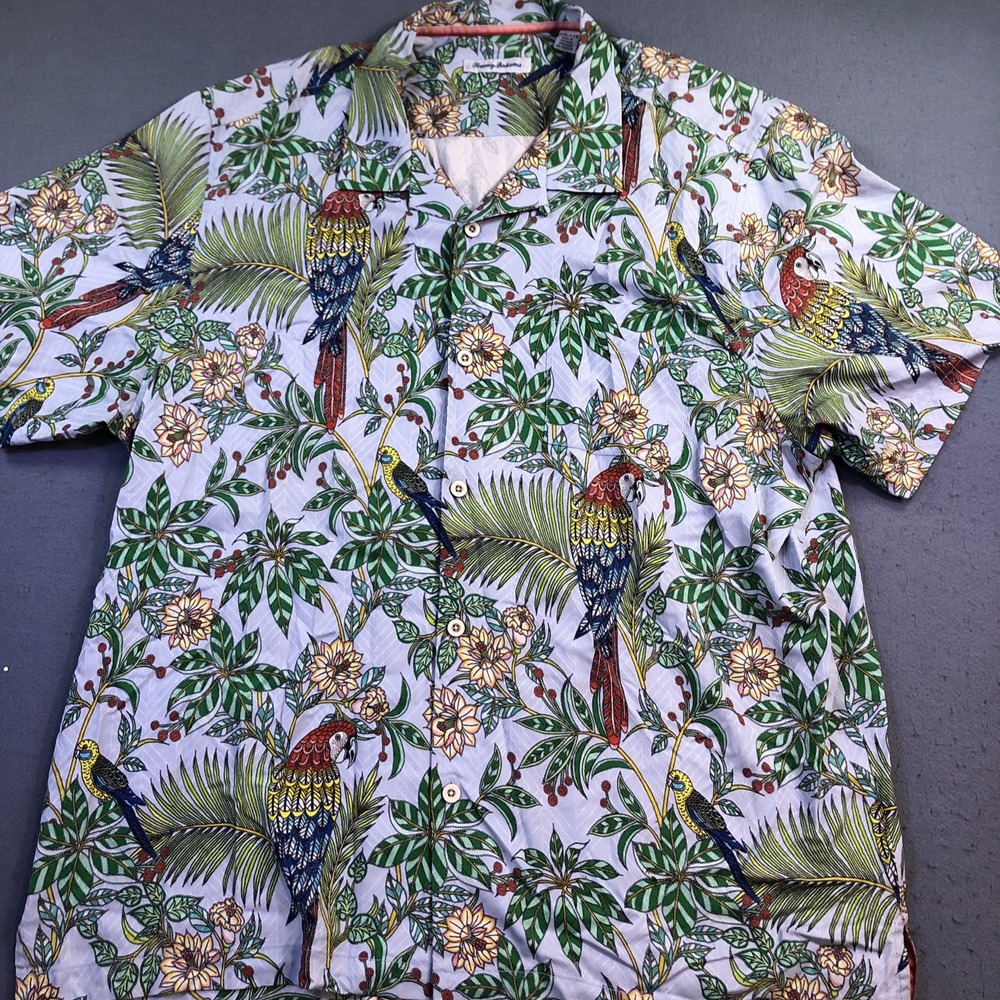 Tommy Bahama Shirt Mens XXL Blue Silk Embroidered Floral BIRD OF PARADISE CAMP